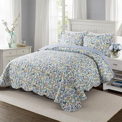Travan 3-Piece Quilt Set Quilted Bedspread Lightweight Coverlet Set Garden Style Floral Printed Oversized Quilted Bedding Set for All Season, Secret Garden, Queen Size