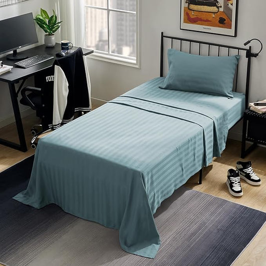 SLEEP ZONE Striped Cooling Twin Sheets Set for Kids - Fitted Flat Sheet & Pillowcase Sets 3 Piece - Super Soft Stripe Bed Sheet, Easy Care, Deep Pocket (Flint Blue, Twin)