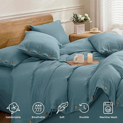 JELLYMONI Cotton Duvet Cover Full Size - Grayish Blue Comforter Cover with Button 100% Washed Cotton 3PCS Breathable Soft Solid Bedding Set Duvet Cover 80×90in & 2 Pillowcases (NO Comforter)