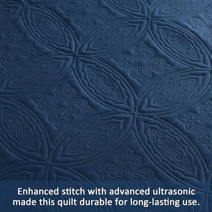 Yiran Navy Blue Quilt Set Queen Size Lightweight Bedspread Embossed Pattern Soft Microfiber Coverlet for All Season with 2 Pillow Shams (96"x90")
