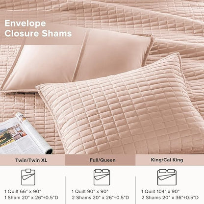 Comfort Spaces Kienna Quilt Set- Double Sided Stitching Design Summer Blanket, Lightweight, Soft, All Season Bedding Layer, Matching Sham, Blush, Coverlet Full/Queen(90"x90") 3 Piece