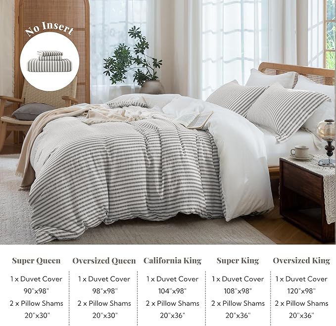 MILDLY Taupe Striped Duvet Cover - 100% Washed Cotton Jacquard Textured Comforter Cover with Dual Zipper Closure & 8 Coner Ties
