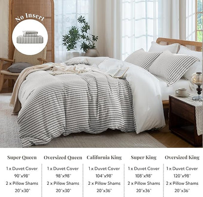 MILDLY Taupe Striped Duvet Cover - 100% Washed Cotton Jacquard Textured Comforter Cover with Dual Zipper Closure & 8 Coner Ties