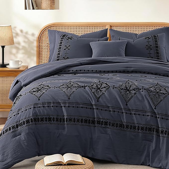 MaiRêve Full Size Comforter Set Crown Blue, Embroidery Floral Western Boho Bedding Set, All Season 7 Pieces Bed in a Bag with Sheets, Pillowcases & Shams