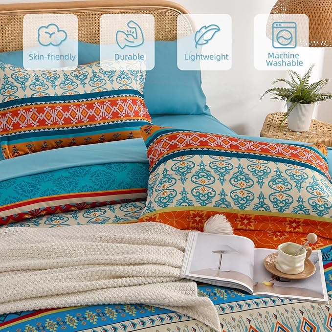 Boho Comforter Set Queen Size,7 Pieces Bohemian Comforter Bedding Set Bed in a Bag,Teal Paisley Floral Comfortet and Sheet Set,Soft Microfiber Striped Bedding Sets for All Season