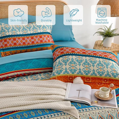 Comforter Set King Size Boho,7 Pieces Bohemian Bedding Comforter Set Striped Bed in a Bag,Teal Paisley Floral Comfortet and Sheet Set,Soft Microfiber Bedding Sets for All Season