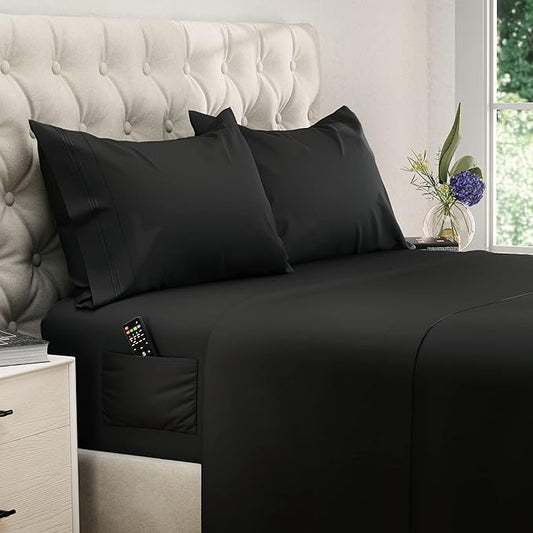 DREAMCARE Queen Size Sheets - Cooling Bed Sheets - 4pcs Set - up to 15" Deep Pocket Queen Sheet Set - Sheets Queen Size Bed - Soft & Long Lasting 100% Fine Brushed Polyester with Side Pocket - Black