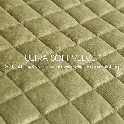 Powdion Velvet Quilt Queen,Luxury Olive Green Quilt Comforter Queen Size 3 Pieces Soft Cozy Oversized Bedspreads Coverlet for All Seasons with 2 Pillow Shams,90x90 Shabby Chic Green Quilt Set
