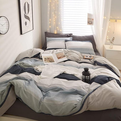 Cotton Striped Duvet Cover King White Grey Blue Striped Bedding Sets 100% Cotton Geometric Striped Comforter Cover 1 King Duvet Cover with 2 Pillowcases Modern Style Geometric Bedding Collections