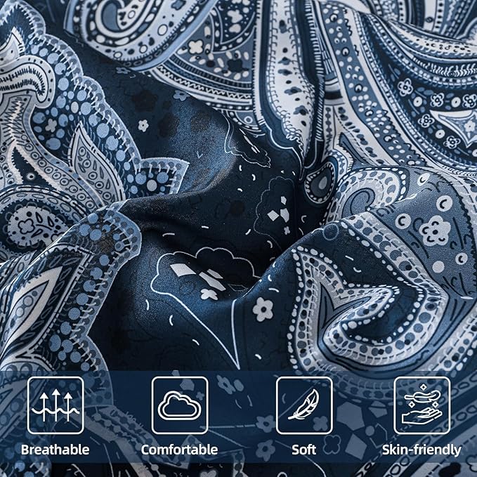 DJY Navy Paisley Comforter Set King Size 7 Piece Bed in a Bag Boho Paisley Pattern Comforter Set Soft Lightweight Microfiber Blue Reversible Bedding Set for All Season (104''x90'')