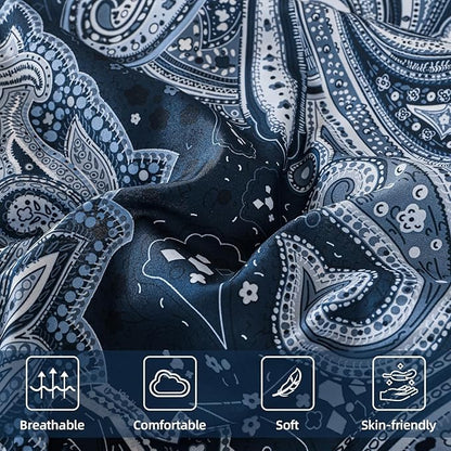 DJY Navy Paisley Comforter Set King Size 7 Piece Bed in a Bag Boho Paisley Pattern Comforter Set Soft Lightweight Microfiber Blue Reversible Bedding Set for All Season (104''x90'')
