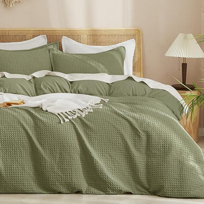 PHF Waffle Duvet Cover Set California King, No Snagging Ultra Soft Luxury Textured Breathable Comforter Cover for All Season 3pcs, Durable Bedding Duvet Set with 2 Pillow Shams, 104"x98", Olive Green