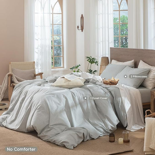 MooMee Striped Duvet Cover Set 100% Washed Cotton Linen Like Textured Breathable Durable Soft Comfy (Heathered Green Pinstripes, Oversized King Plus 128"x120")