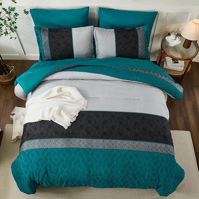 Dinjoy Boho Queen Comforter Set Teal Blue,7 Piece Bed in a Bag Queen Size Warm Striped Bedding Sets Dark Teal Plaid Fall Comforters Set with Sheets for Family All Season