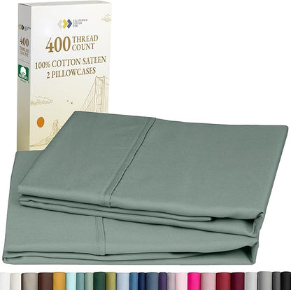 California Design Den Standard Queen Size Pillowcase Set - 400 Thread Count, 100% Cotton Sateen, Set of 2 Pillow Covers, Soft and Breathable - Sage Green