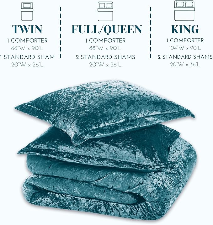 Comfort Spaces Juliette Luxe Comforter Set Velvet Lush with Soft Brushed Microfiber Reverse, All Season Cozy Velvet Bedding Sets, Fluffy Comforter Bed Set, Matching Sham, Teal Twin/Twin XL 2 Piece