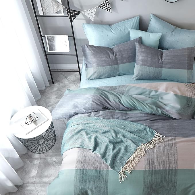 mixinni Simple Patchwork Print Comforter Set Queen Size Bed Fluffy Blue Mint Green Geometric Pattern Comforter for Boys Women and Men, 1 Modern Comforter and 2 Pillowcases for All Season-Queen Size