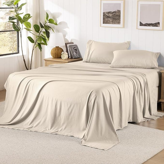 ROSE&RISY Sand Queen Sheet Set, Pre-Washed Cotton-Like Brushed Microfiber, 4 Pieces Super Soft Bed Sets, Breathable Cooling Deep Pockets, Includes 1 Fitted, 1 Flat, 2 Pillowcases (Sand, Queen)