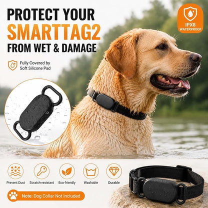 Dog Collar Holder(2 Pack) for Galaxy Smarttag2, Waterproof Silicone Case for Pet Cat, Anti-Lost Scratch Resistant Protective Cover Accessory for Samsung Galaxy Smart tag2 (Black)