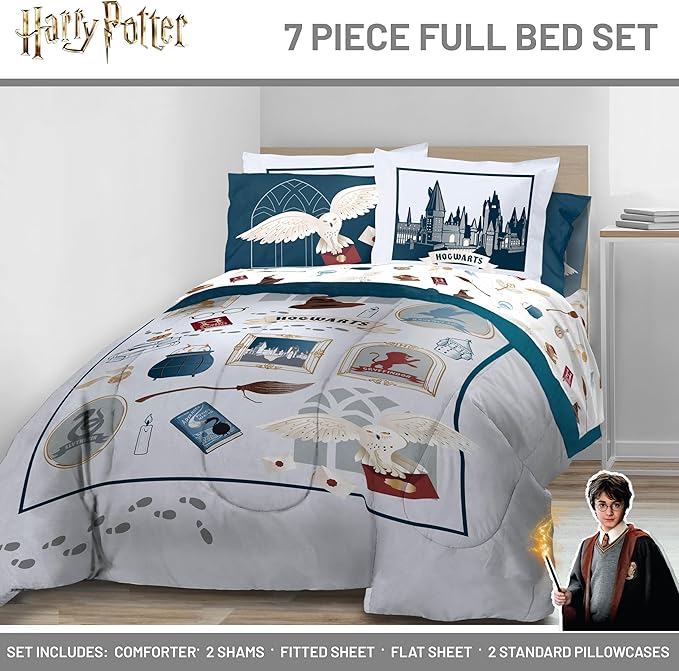 Jay Franco Kids Comforter Set Includes Sheets and Pillow Covers - Soft and Cozy Bed Set for Stylish Room Decor, Dark Grey - Harry Potter, 7 Piece Full Size Bedding