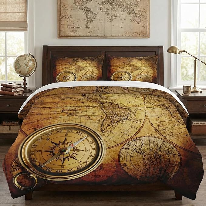 Twin Size Comforter Set with Pillowcase, Vintage Retro World Map Soft 2 Pcs Bedding for Kids and Adults Bedroom Bed Decor