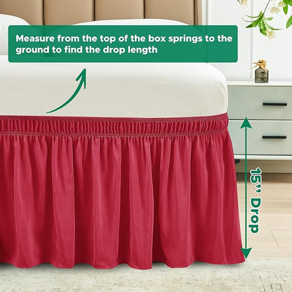 Biscaynebay Wrap Around Bed Skirts for Full & Full XL Beds 15" Drop, Red Adjustable Elastic Dust Ruffles Easy Fit Wrinkle & Fade Resistant Silky Luxurious Fabric Machine Washable