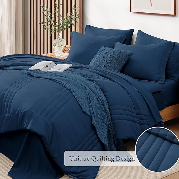 Monbix King Size Comforter Set - 7 Pieces Serenity Blue Bed in a Bag, King Size Bedding Sets with Comforters, All Seasons Comforter with Sheets,Pillowcases & Shams