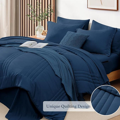 Monbix Full Size Comforter Set - 7 Pieces Serenity Blue Bed in a Bag, Full Size Bedding Sets with Comforters, All Seasons Comforter with Sheets,Pillowcases & Shams
