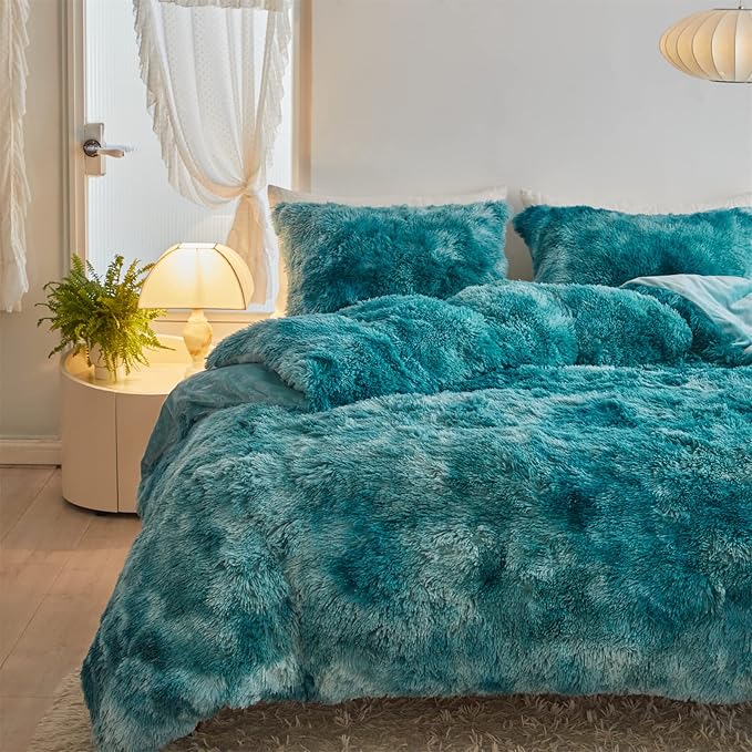 Wajade Faux Fur Plush Tie Dye Teal Comforter Set Fluffy Fuzzy Shaggy Bedding Set - 3PC Full Size Microfiber Soft Warm Quilt Set