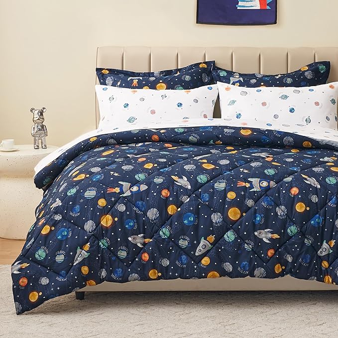 Queen Size Space Kids Bedding Set for Boys, 7 Pieces Super Soft Lightweight Microfiber Comforter Set with Sheets, Bed in a Bag, Children Bed Set