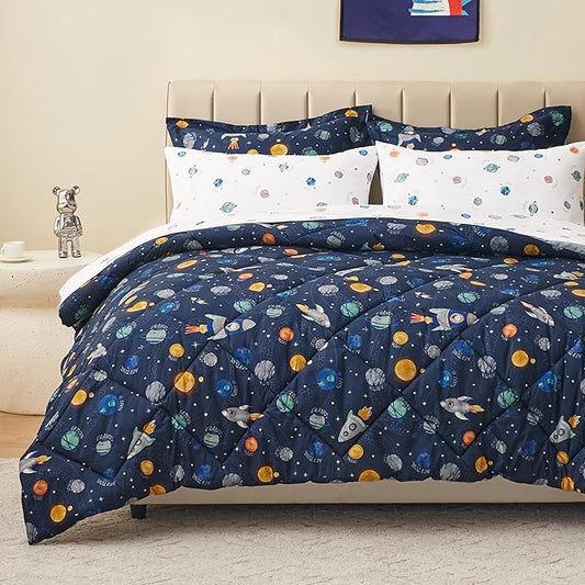 Queen Size Space Kids Bedding Set for Boys, 7 Pieces Super Soft Lightweight Microfiber Comforter Set with Sheets, Bed in a Bag, Children Bed Set