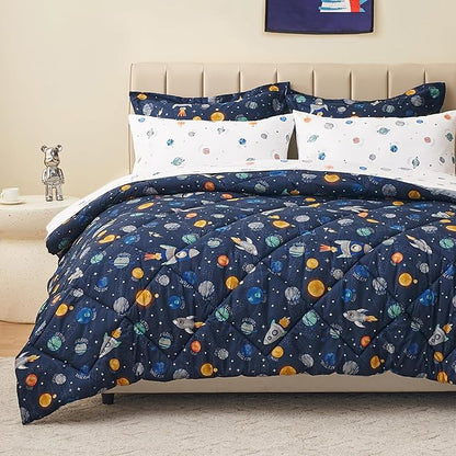 Twin Size Space Kids Bedding Set for Boys, 5 Pieces Super Soft Lightweight Microfiber Comforter Set with Sheets, Bed in a Bag, Children Bed Set