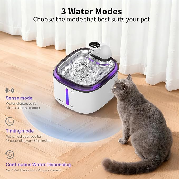 Cat Water Fountain Cordless 118oz/3.5L Wireless & Battery Operated Pet Water Fountain for Indoor Cats, Stainless Steel Tray with Sensor & Timer Modes, Ultra-Quiet, BPA-Free (Cat Fountain+8Filters)