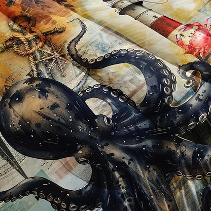 Octopus Comforter Set Full Port Lighthouse Bedding Sets 3PCS for Kids Teen Adult Ocean Room Decor Ultra-Soft Lightweight Microfiber 1 Comforter with 2 Pillowcases