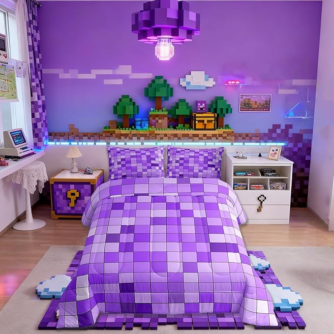 Pixelated Blocks Miners Kids Bedding Set King Size,Video Games Game Gamepad Comforter Set,Geometric Grid Patchwork Quilt Comforter,Purple Bedroom Duvet Insert,2 Pillowcases