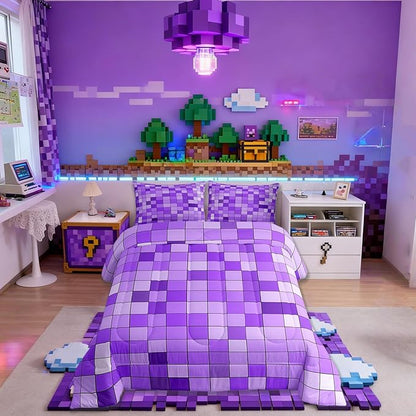 Pixelated Blocks Miners Kids Bedding Set King Size,Video Games Game Gamepad Comforter Set,Geometric Grid Patchwork Quilt Comforter,Purple Bedroom Duvet Insert,2 Pillowcases