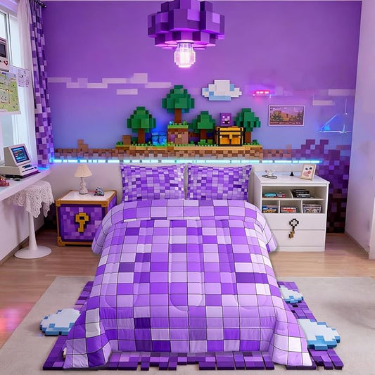 Pixelated Blocks Miners Kids Bedding Set King Size,Video Games Game Gamepad Comforter Set,Geometric Grid Patchwork Quilt Comforter,Purple Bedroom Duvet Insert,2 Pillowcases