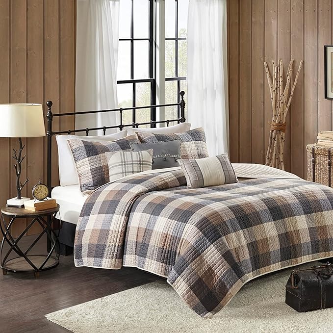 Madison Park Reversible Quilt Cabin Lifestyle Plaid Design - All Season, Breathable Coverlet Bedspread Bedding Set, Matching Shams, Full/Queen(90"x90"), Neutral 6 Piece