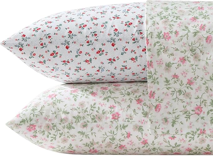 Laura Ashley - Twin XL Sheet Set, Super Soft Cotton Percale Bedding Set with Matching Sham, Oeko-Tex Certified (Bonnie Pink, Twin XL)