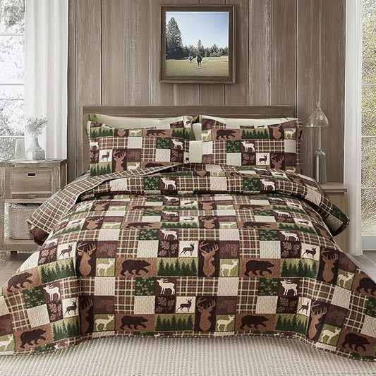 Ycosy Lodge Plaid Quilt Set Moose Bear Bedding King Size Rustic Bedspread Cabin Coverlet Wildlife Forest Quilts Comforter Summer Lightweight Bed Cover with 2 Pillow Shams