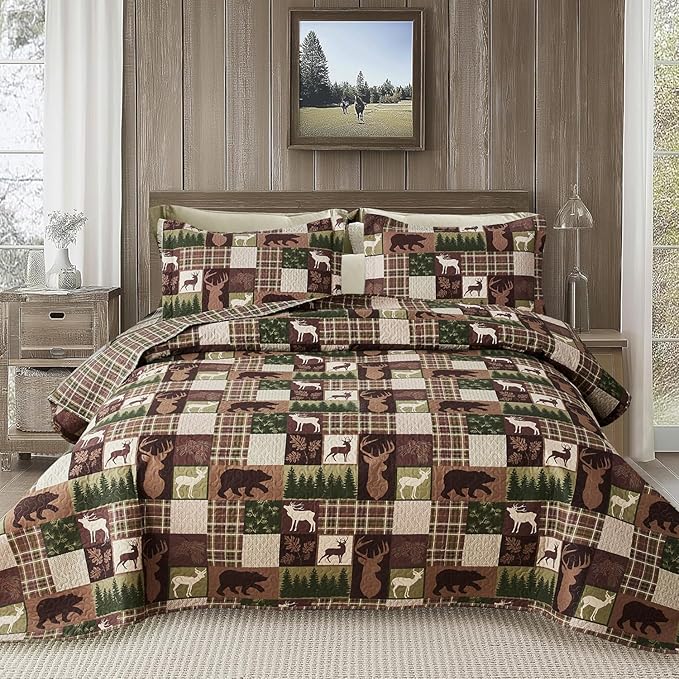Ycosy Lodge Plaid Quilt Set Moose Bear Bedding Twin Size Rustic Bedspread Cabin Coverlet Wildlife Forest Quilts Comforter Summer Lightweight Bed Cover with 2 Pillow Shams