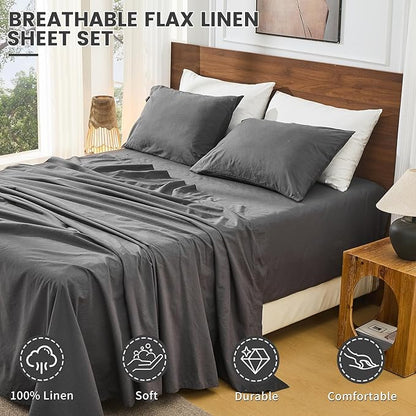 Bedlifes 100% French Linen Sheets Queen Size 18-24”Extra Deep Pocket 4-Piece Set Breathable & Moisture-Wicking,Soft & Durable Sheets for Thick Mattresses(Dark Grey)