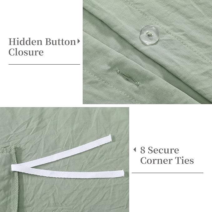 Ruffle Duvet Cover King Size, 3PCS Soft Washed Microfiber Vintage French Country Duvet Cover Set with Button Closure, Sage Green, 104x90 in