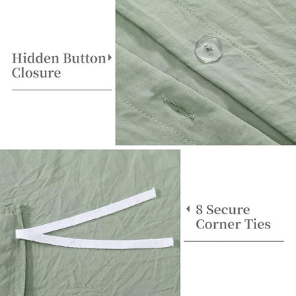 Ruffle Duvet Cover King Size, 3PCS Soft Washed Microfiber Vintage French Country Duvet Cover Set with Button Closure, Sage Green, 104x90 in