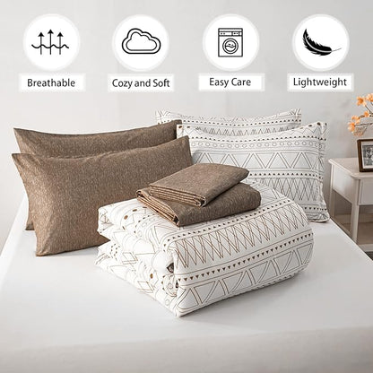 WONGS BEDDING Brown Boho Comforter Set Queen 7 Pieces Bed in a Bag Geometric Striped Comforter Reversible Soft Microfiber Bedding Set with Pillowcases,Flat Sheet,Fitted Sheet,Pillow Shams