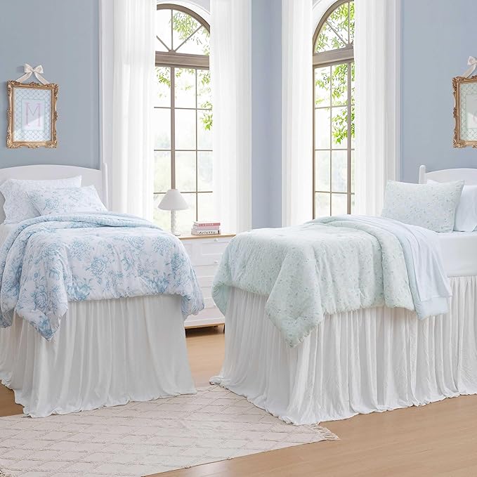 Laura Ashley - Twin Comforter Set, Soft & Reversible Floral Bedding with Bonus Bed Sheets & Pillowcases, 5 Piece Bed Set for Year Round Comfort (Quartet Jaynie Ticking/Stripe Blue)