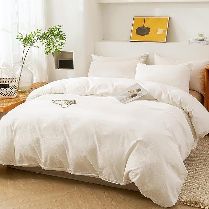 ECOCOTT White Duvet Cover Full Size, 100% Washed Cotton 1 Duvet Cover with Zipper and 2 Pillowcases, Ultra Soft and Easy Care Breathable Bedding Set (White, Full)