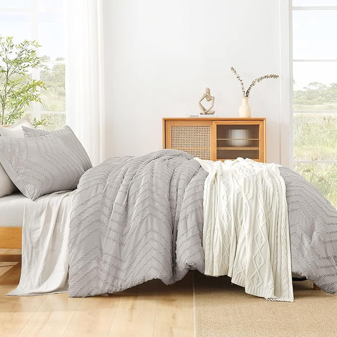 Litanika Comforter Super King Size Set Linen, 3 Pieces Chevron Tufted Solid Bedding Comforter Sets, Fluffy Bed Set