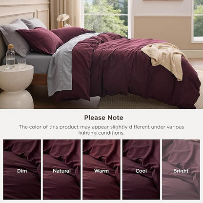 Bedsure 100% Washed Cotton Duvet Cover Queen Size - Burgundy Minimalist Bedding Set Linen Like - PureWoven Plain Simple & Soft Comforter Cover for All Seasons (Burgundy, Queen, 90"x90")
