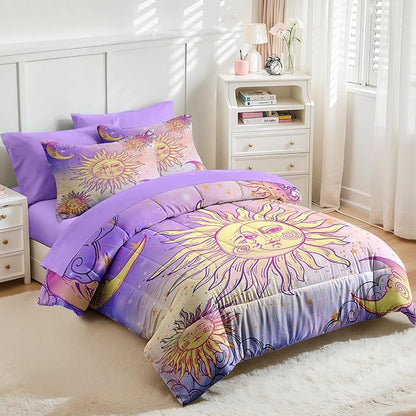 Nesker Comforter Set Twin Size, Celestial Motifs Astrology 5 Pcs Bedding for Kids and Adults, Boho Sun Moon Bed Sheet Sets with Fitted Sheet Pillowcase & Sham